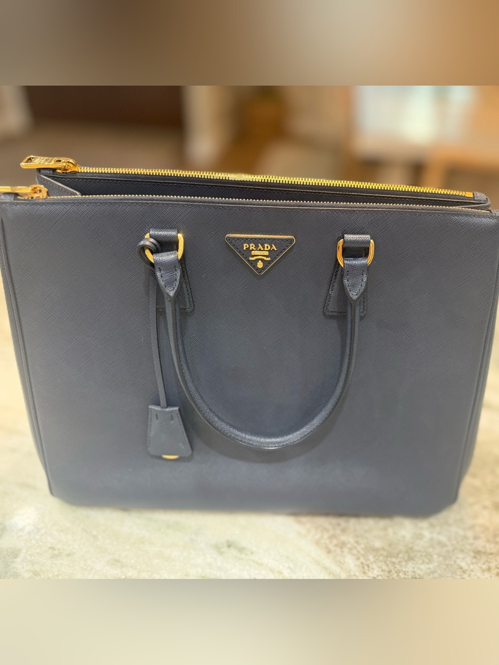 Prada Blue Saffiano Leather Zip Pouch with Gold Hardware